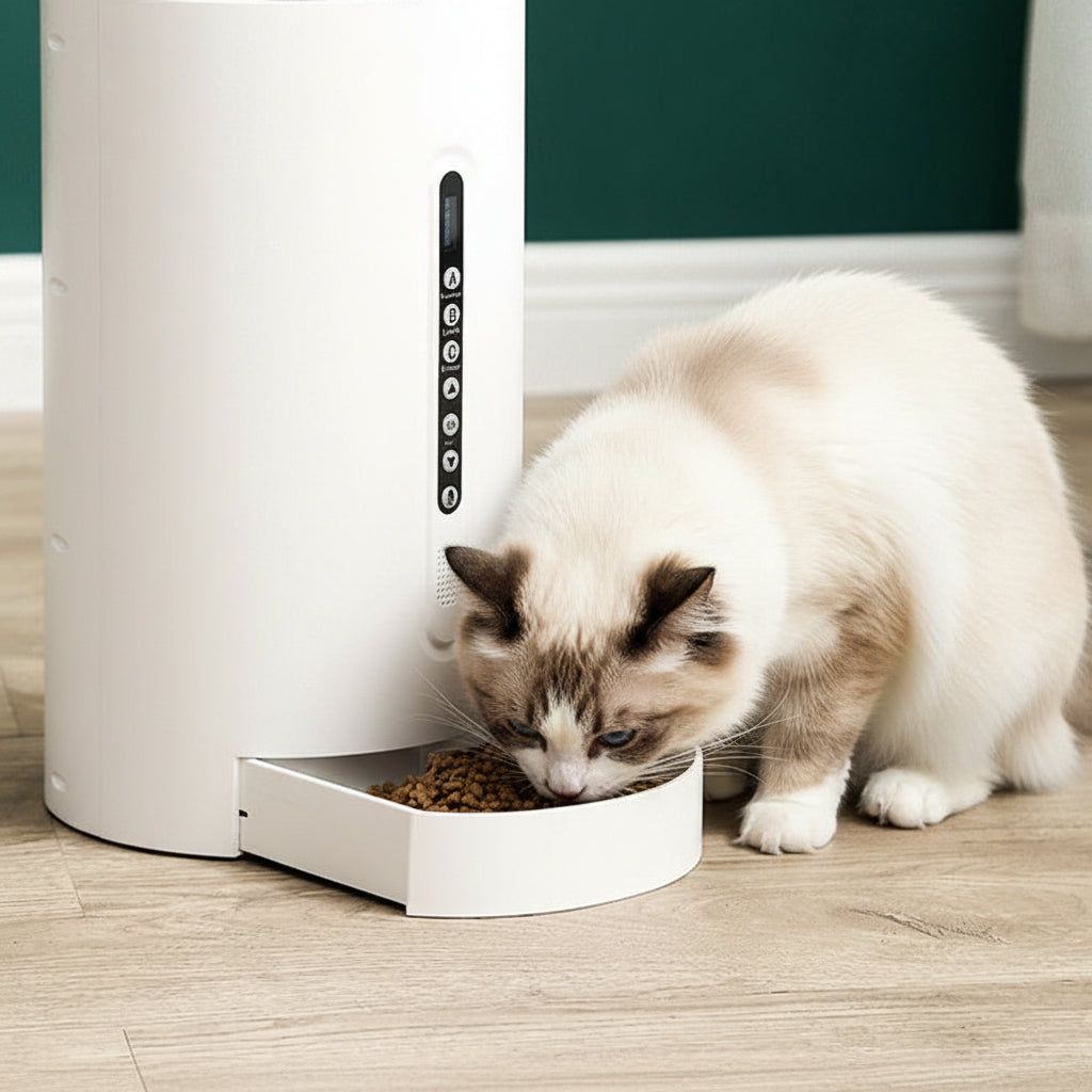 White timed pet feeder with plug in power